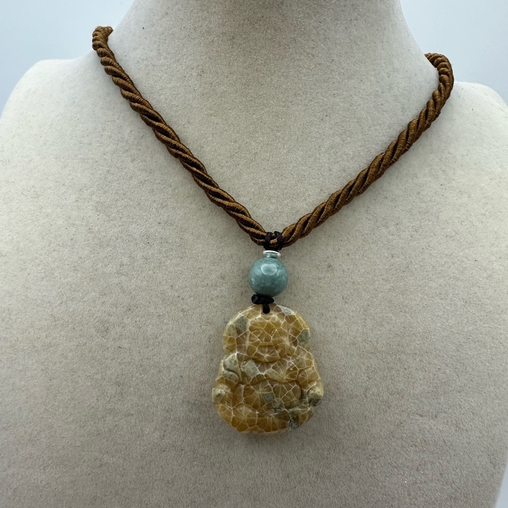 Coral Fossil Buddha Pendant Necklace Sterling Silver and Jade Accent Beads - Picture 2 of 10